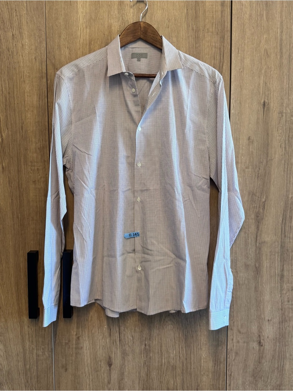 COS Classic Gingham White Brown Micro-Check Button Down Tailored Dress Shirt L